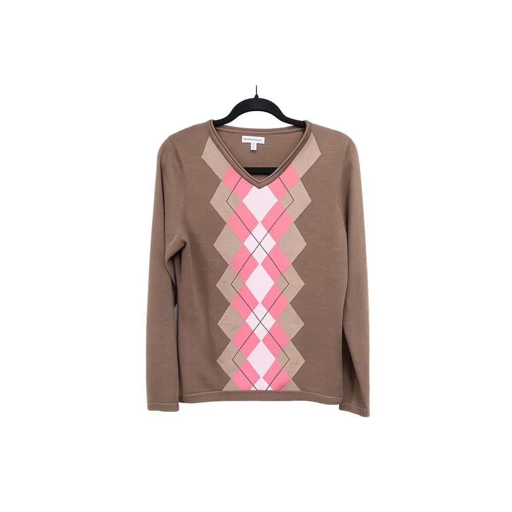 Croft & Barrow Argyle V Neck Sweater Women Medium‎ Tan Pink Preppy Knit Pullover